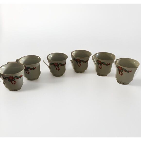 Poinsettia And Ribbons Fine China 6 Christmas Holidays Tea Cups and Creamer - Picture 8 of 15